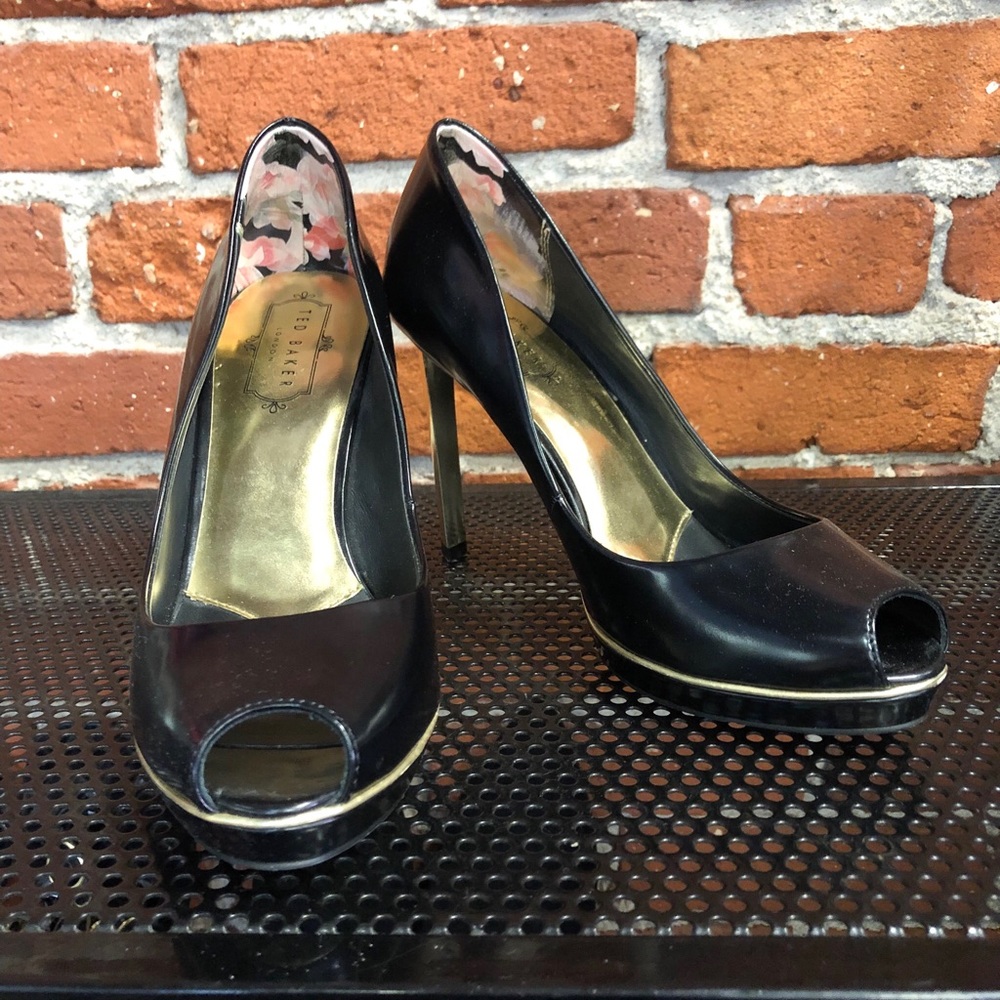 Ted Baker Black and Gold Open Toe Heels